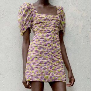Zara Floral Mini Dress Purple Ruched Puff Sleeve Bodycon Wedding Tall Small NEW